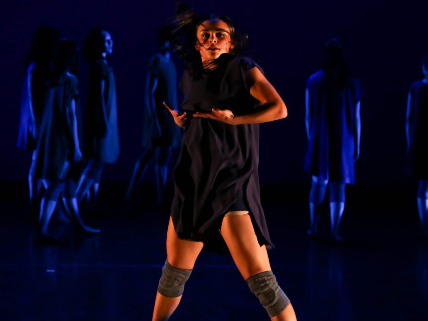 A dancer performs a dramatic gesture in front of a group of dancers in the background obscured by darkness.