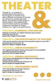 Poster for THEATER& series for spring 2026 featuring upcoming performances.