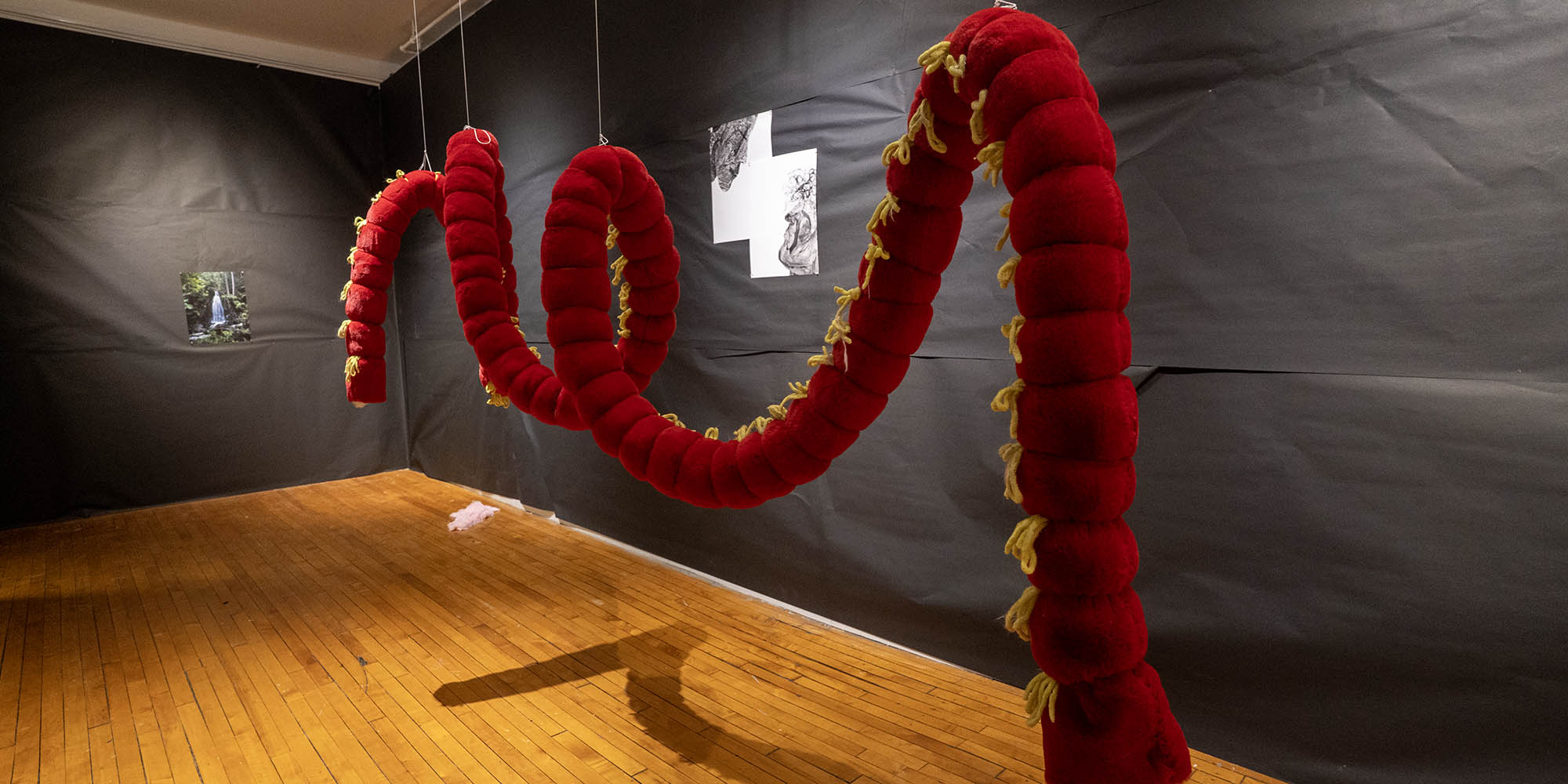 A long tubelular soft sculpture hang from a ceiling of a gallery.