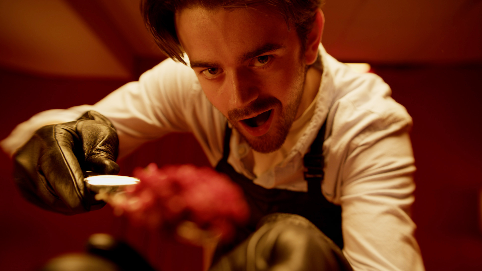 A person wearing black gloves holds a red blob right into the face of the camera.