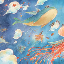Illustration of sea creatures swimming among clouds