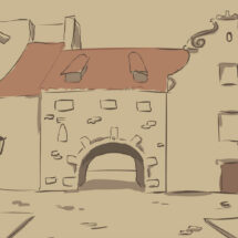 Simple illustrated line drawing of quaint architecture of a village.